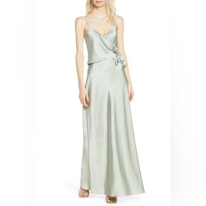 WAYF - The Cooper Satin Faux Wrap Gown in Sage Green